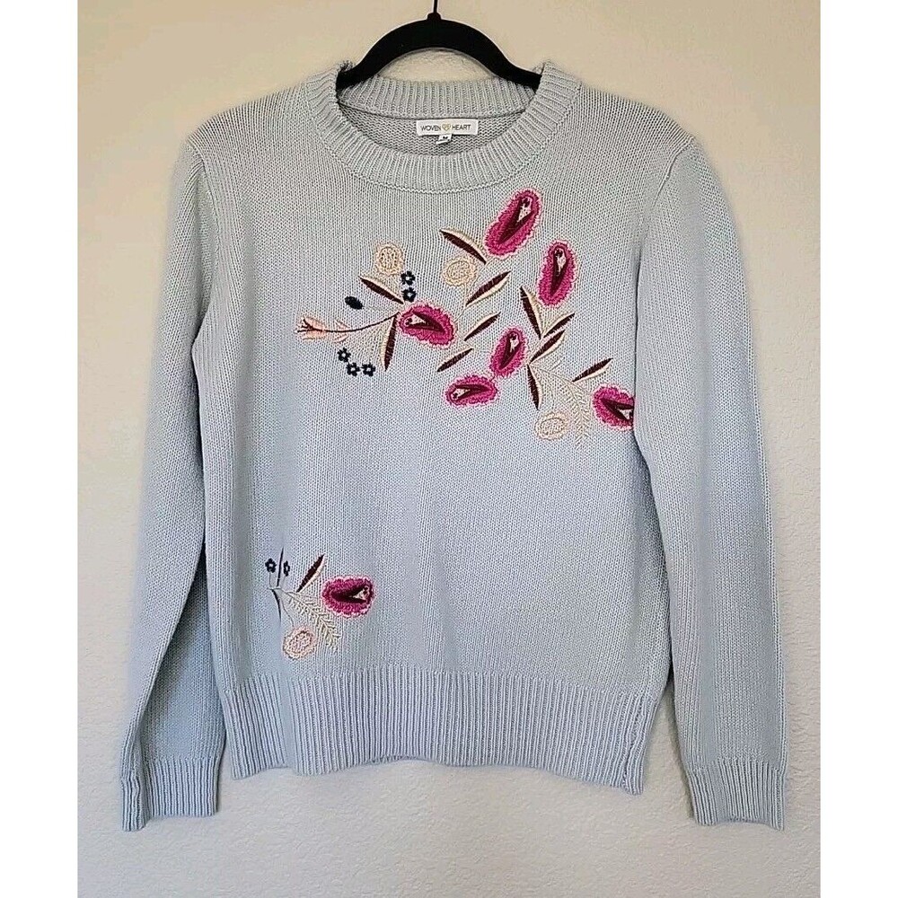 Womens Crewneck Sweater Medium Blue Embroidered Floral Cottage Core Granny Boho - Picture 2 of 10